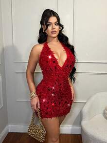 SHEIN SXY Đầm ngắn hở lưng đính sequin đỏ thời trang gợi cảm dự tiệc - Đỏ - Xem 5