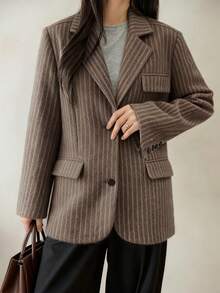 Dazy-Less 女式格子羊毛西装外套，宽松商务休闲办公室通勤夹克，秋冬 - 棕色 - 查看 4