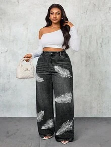 Slaydiva Quần jean ống rộng cạp cao họa tiết lông vũ cỡ lớn cho nữ - màu đen - Xem 6