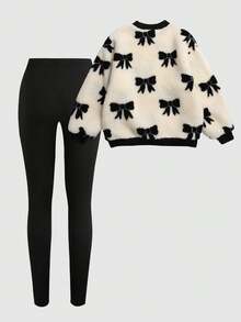 SHEIN Bộ áo nỉ cổ tròn in nơ dễ thương cho bé gái tuổi mới lớn kèm quần legging dài bằng PU co giãn, phong cách thể thao, thích hợp mặc thường ngày và đi học vào mùa thu/đông - Màu be - Xem 2