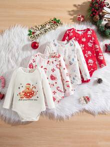 SHEIN 买三送一 4 件装 3-24 个月男女宝宝通用款圣诞卡通驯鹿印花圆领短袖针织连体衣（多件装），童装，婴儿连体衣，休闲简约，图案连体衣，适合春夏宝宝穿着，圣诞老人主题，2026 新年圣诞连体衣 - 彩色 - 查看 2