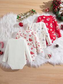 SHEIN 买三送一 4 件装 3-24 个月男女宝宝通用款圣诞卡通驯鹿印花圆领短袖针织连体衣（多件装），童装，婴儿连体衣，休闲简约，图案连体衣，适合春夏宝宝穿着，圣诞老人主题，2026 新年圣诞连体衣 - 彩色 - 查看 5