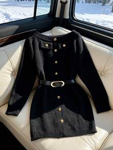 Franclia 女式新款优雅法式简约优质露肩纽扣装饰毛衣裙配腰带，秋冬