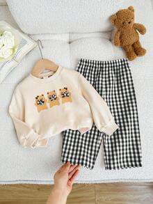 LMoss Kids 2pcs Baby Girl Knitted Solid Color Cute Pattern Crew Neck Sweatshirt And Plaid Pants Set - Black - View 1