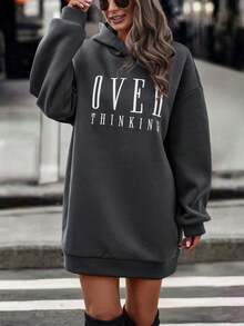 EMERY ROSE 女士休闲字母图案落肩卫衣，秋季 - 灰色 - 查看 4