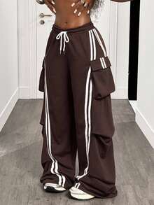 BamGleam 复古条纹撞色运动裤，带褶皱口袋，宽松休闲羊毛运动裤，适合秋季 - 棕色 - 查看 5