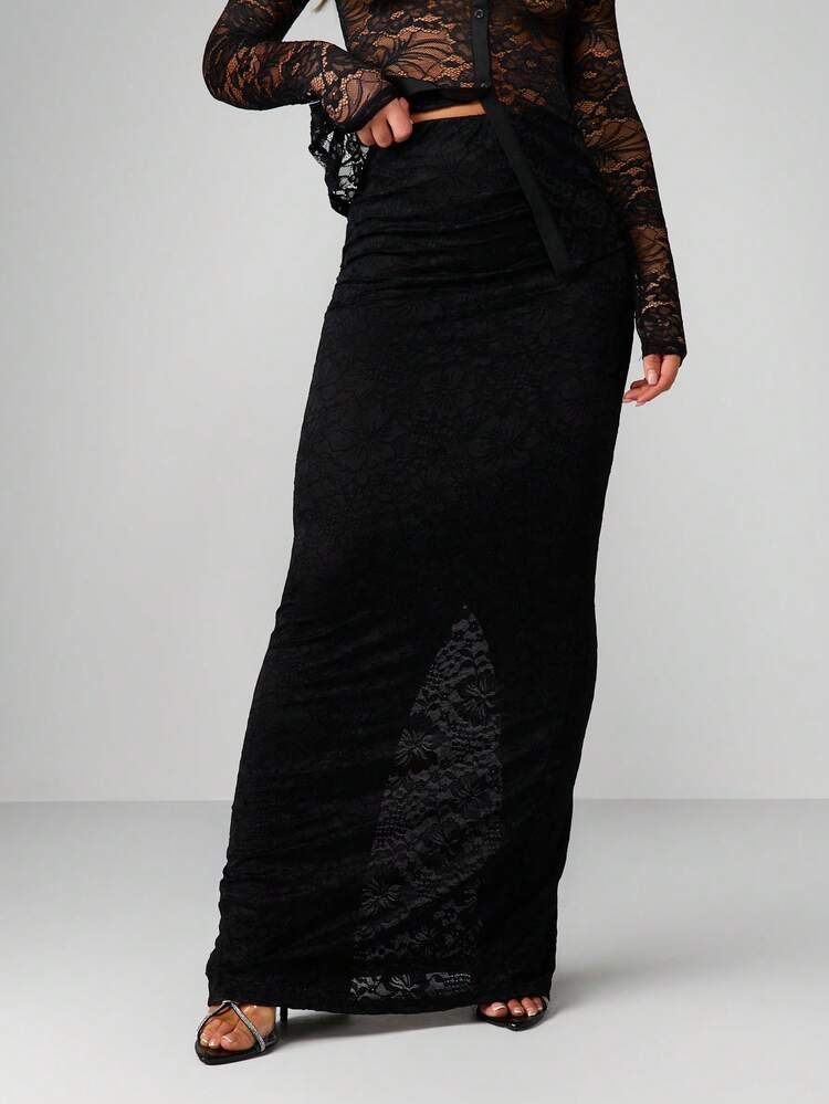 MISSGUIDED Maxirock mit hoher Taille, Spitze, Blumenmuster und Schlitz an der Seite
