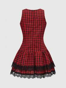 ROMWE Grunge Punk 女士街頭風迷你蛋糕裙，十字縫補設計，PU釘飾點綴 - 紅色和黑色 - 查看 2