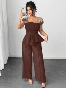 Elenzga Conjunto de 2 piezas de camisa de malla con bordado y parches asimétricos y pantalones de pierna ancha para mujer de talla grande