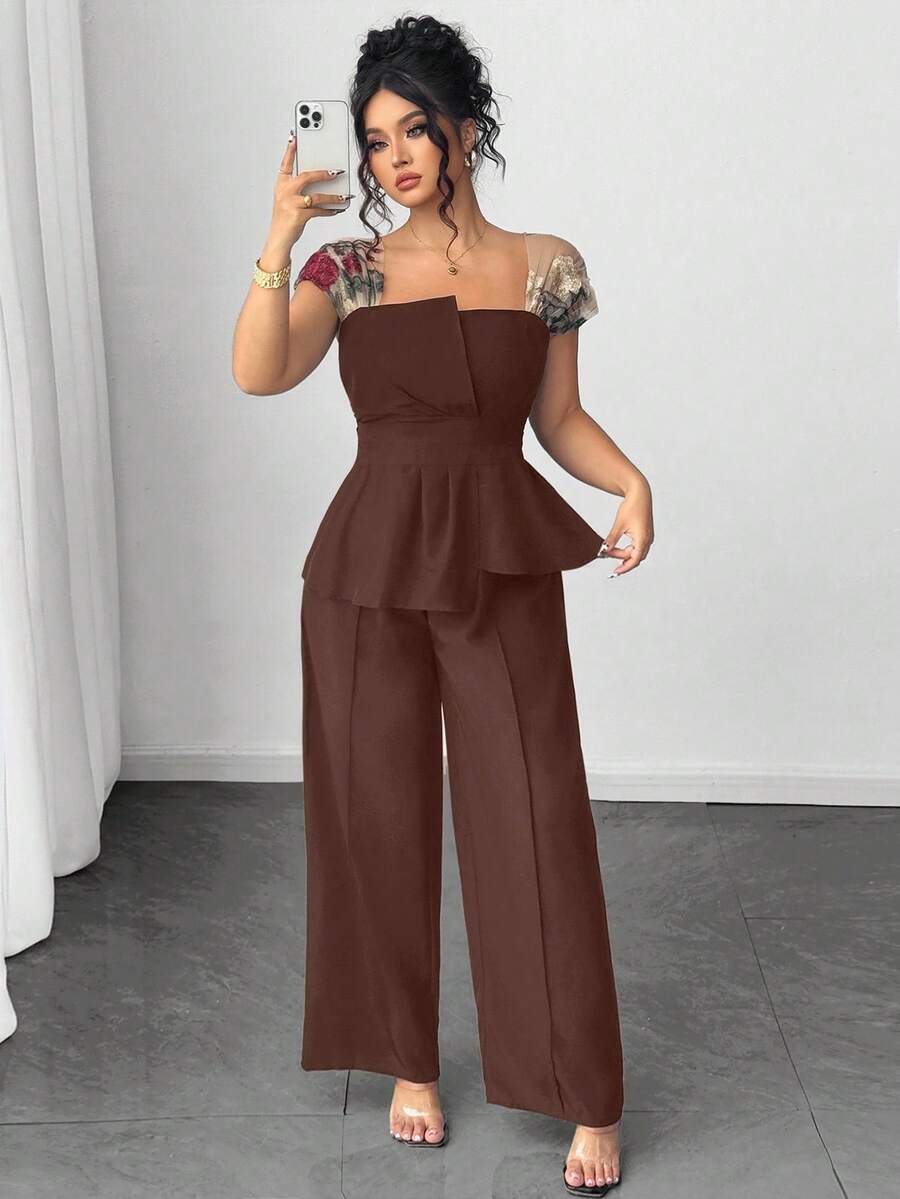 Elenzga Conjunto de 2 piezas de camisa de malla con bordado y parches asimétricos y pantalones de pierna ancha para mujer de talla grande