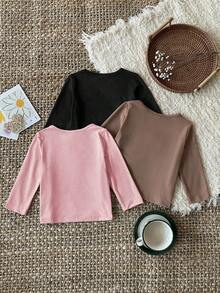 SHEIN Bộ 3 áo thun dài tay in chữ cho bé gái, Bộ đồ dễ thương, dễ phối đồ, Mùa thu - Nhiều màu - Xem 2
