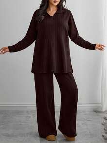 EURMUSE Women's Two Pieces Casual Long Drop Shoulder Polo Shirt Sweater And Pants, Daily Wear, Fall, Winter, Elegant - Brown - View 1