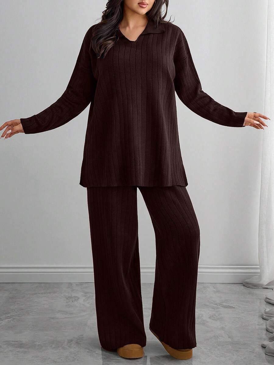 EURMUSE Women's Two Pieces Casual Long Drop Shoulder Polo Shirt Sweater And Pants, Daily Wear, Fall, Winter, Elegant - Brown - View 1