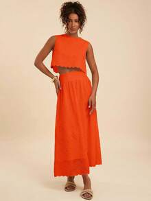 Travachic 一套女士纯色梭织无袖露脐宽松背心和高腰半身裙，橙色夏季镂空设计，适合海滩装扮、圣诞派对、新年装扮、感恩节装扮、优雅半身裙派对、橙色半身裙套装、橙色镂空套装 - 橘色 - 查看 3