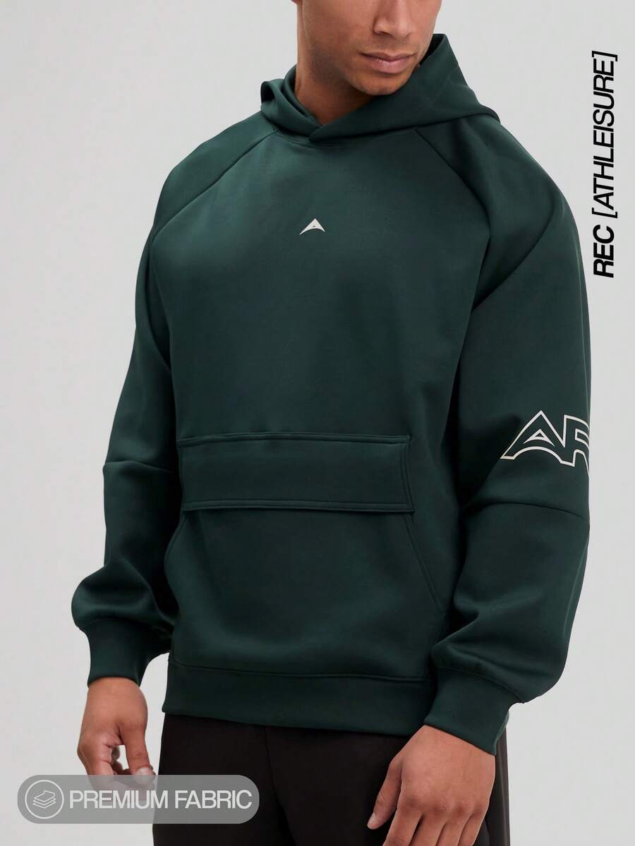 Sudadera con bolsillo y mangas raglán con estampado de letras para hombre, verde oliva - Verde Oscuro - Ver 1