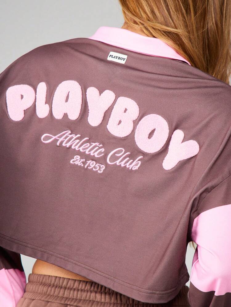 Missguided x Playboy Striped Polo Crop Top With Color Block Design Long Sleeve Collared Shirt For Casual Weekend Wear