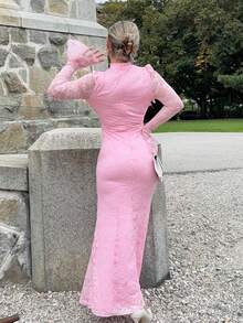 Jeta Ari Vestido de sirena blanco de cintura alta con mangas abullonadas de encaje, elegante y romántico para fiesta de boda, vacaciones, primavera/verano - Rosa - Ver 2