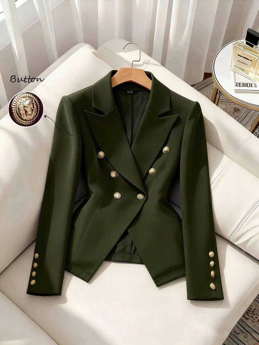 EMERY ROSE Fashionable Commuter Solid Color Double-Breasted Suit Jacket - Army Green - View 1