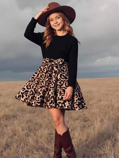 Emery Rose Kids Emery Rose Kids Fashionable & Playful Tween Girls' Solid Knit Ribbed Crew Neck Patchwork Leopard Print Fitted Casual Dress, Jacquard Leopard Print Long Sleeve Dress,  Autumn/Winter, European & American Style, Comfortable & Versatile, Daily Outdoor Active Childrenswear, Suitable For Daily Outings, Vacations, Family Gatherings, Fashion Events, Campus,  Cheetah Print Skirt Kids Leopard Print Skirt Kids Tween Fall Dress With Pockets Leopard Print Dress Teen Girl Girls Animal Print Dress