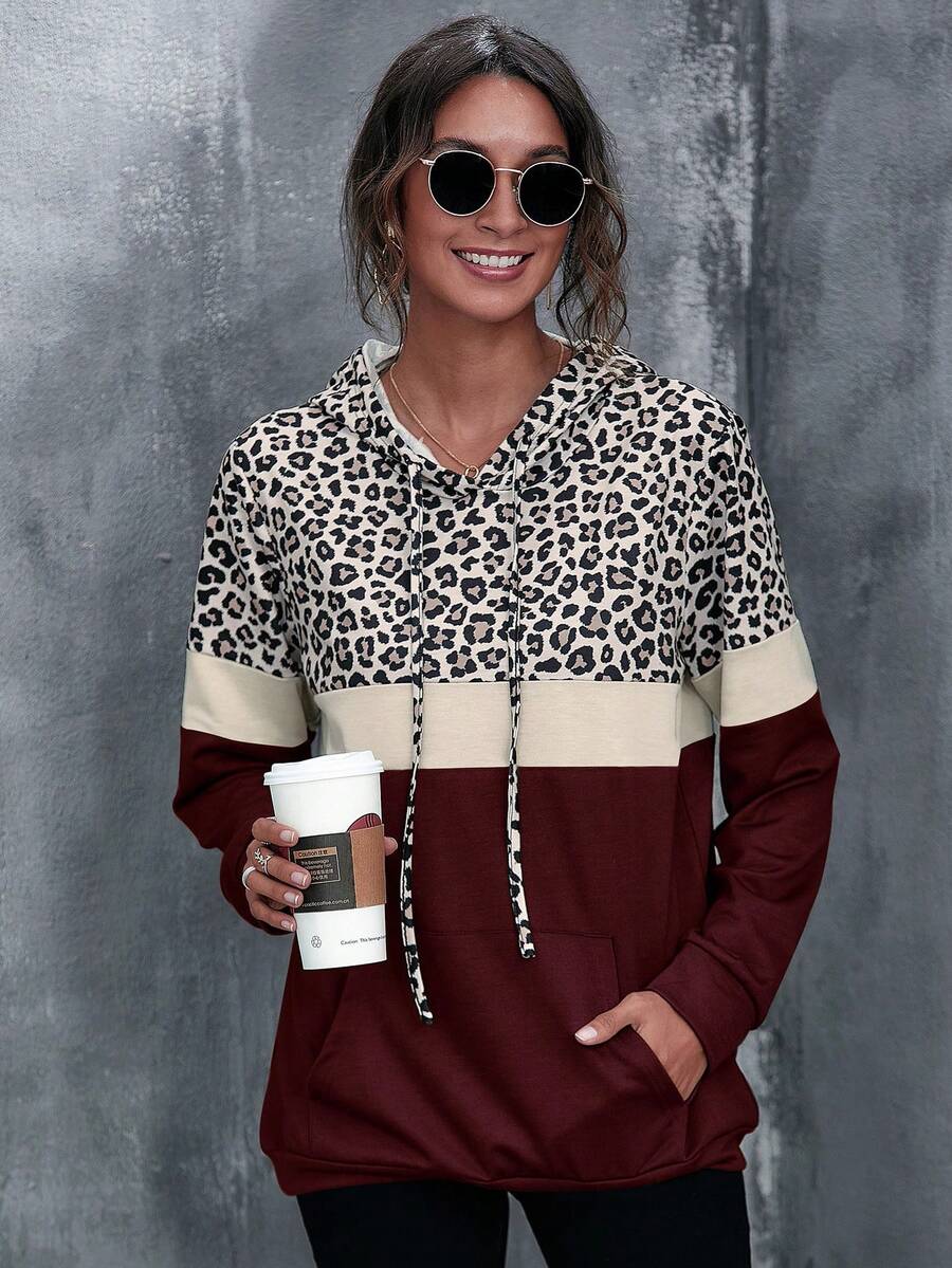 EMERY ROSE Áo sweatshirt nữ kiểu dáng thường ngày họa tiết da báo phối nhiều mảnh, áo sweatshirt nữ họa tiết báo đốm mùa thu. - Màu Đỏ Sâu - Xem 1