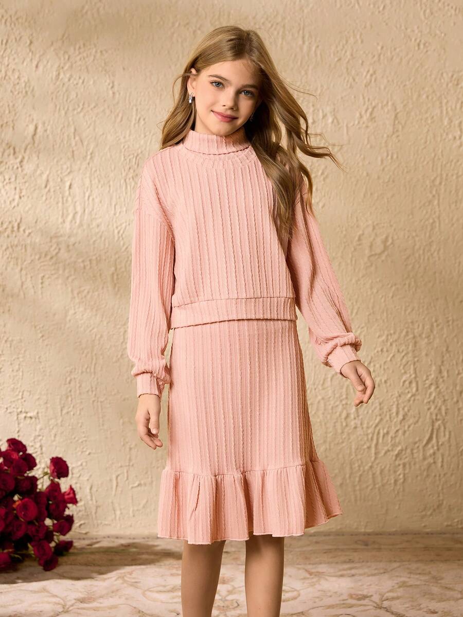 2pcs/Set Tween Girls Long Sleeve Top And Skirt Co-Ord Set