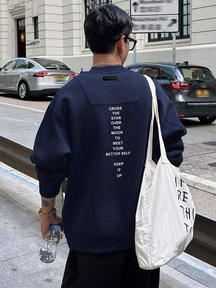 Men's Letter Print Crew Neck Pullover Sweatshirt, Navy Blue, Autumn/Winter