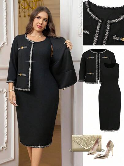 Ellevyn Plus Size Women Fringe Trim Long Sleeve Cardigan And Sleeveless Dress Elegant 2 Pieces Set,Fall Clothes For Women,Winter Clothes For Women,Fall Clothes Plus Size ,Winter Clothes,Autumn, Winter Outfit For Women,Night Out,Going Out Outfit , Old Money Style Women,Suitable For Multiple Occasions,Halloween, Homecoming,Christmas,Business Casual Woman,Teacher Clothing, Fall Wedding Guest Dress,Hoco Dressses, Date Night Outfits Women,Going Out ,Wedding Guest Dress Women,Mother Of The Bride Dresses For Wedding, Formal Dresses For Wedding Guest,Dresses For Wedding Event , Fall Wedding Guest Dress,Civil,Party,2025 New,Wrap Dress, Chic Women's Set ,Women's Formal Wear ,Fashionable Work Wear ,Christmas