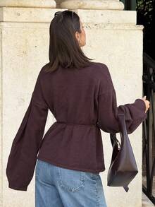 Siren Gaze 新款秋冬棕色女士开衫，时尚休闲纯色系带宽松开衫，秋季女士毛衣，保暖毛衣，绒面毛衣 - 棕色 - 查看 2