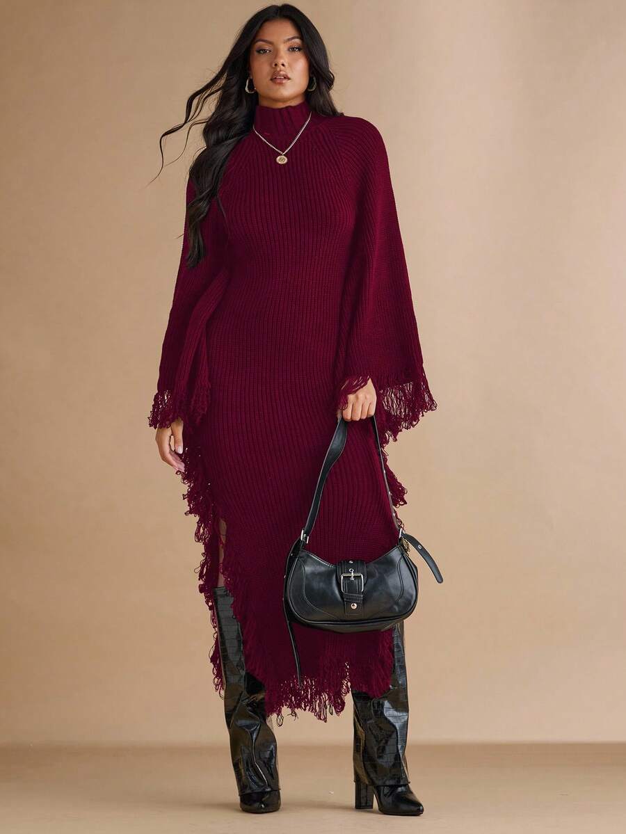 Silquee Women's Solid Color Stand Collar Fringe Decor Side Slit Dress, Autumn/Winter,Fall,Fall Clothes For Women