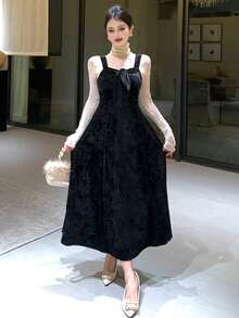 DAZY Fashionable Velvet Jacquard Bow Decor Mid-Length Dress For Women Elegant Women Dresses Prom Dress - Black - View 4