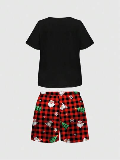 Ensemble de pyjama court à imprimé tout-sur-tout avec motifs de Père Noël, sapin de Noël et flocons de neige en tartan. Shorts décontractés grande taille