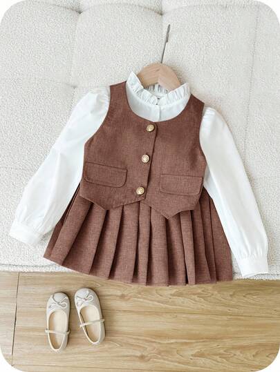 SHEIN 年轻女孩优雅金色纽扣背心、荷叶边领衬衫和百搭百褶裙，适合秋冬季、派对和日常穿着