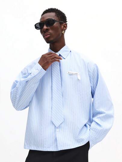  SUMWON Long Sleeve Boxy Fit Vertical Striped Business Shirt With Matching Tie Set For Office Professional Workwear Plain