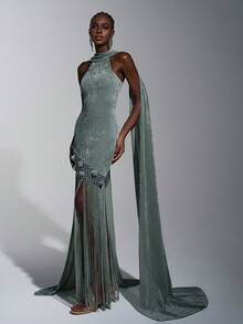 Elitara 优雅、浪漫、性感、简约、灰绿色、天鹅绒面料、流苏装饰、手工串珠、亮片拖尾、时尚、节日、度假、生日派对、婚礼活动、正式晚礼服 - 綠色 - 查看 9