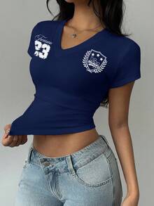 SHEIN EZwear 女式 V 领褶饰字母图案海军蓝短袖修身 T 恤，适合秋夏季 - 藏蓝色 - 查看 2