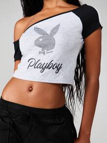 Missguided x Playboy Asymmetric Off Shoulder Crop Top With Embellished Bunny Logo And Short Sleeves - Multicolor - View 1