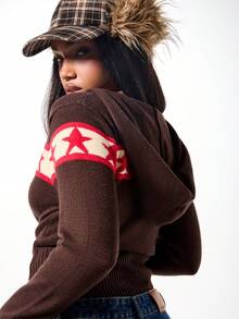 SUMWON WOMEN 连帽拉链针织开衫，星形图案，罗纹腰带，短款剪裁 - 彩色 - 查看 6