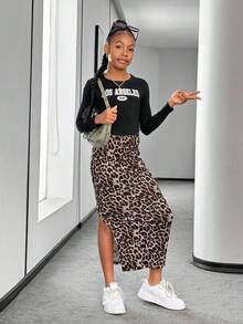 SHEIN Tween Girls Casual Street Chic Leopard Print Knit Skirt - Khaki - View 5