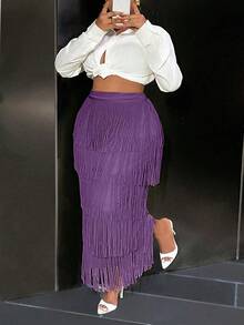 Slaydiva 女士优雅高端牛油果绿色流苏迷你裙 - 紫色 - 查看 3