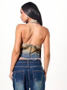 SUMWON WOMEN Vintage Acid Wash Halter Neck Lace Up Denim Crop Top Festival Summer Concert Distressed Boho Grunge Style - Blue - View 2