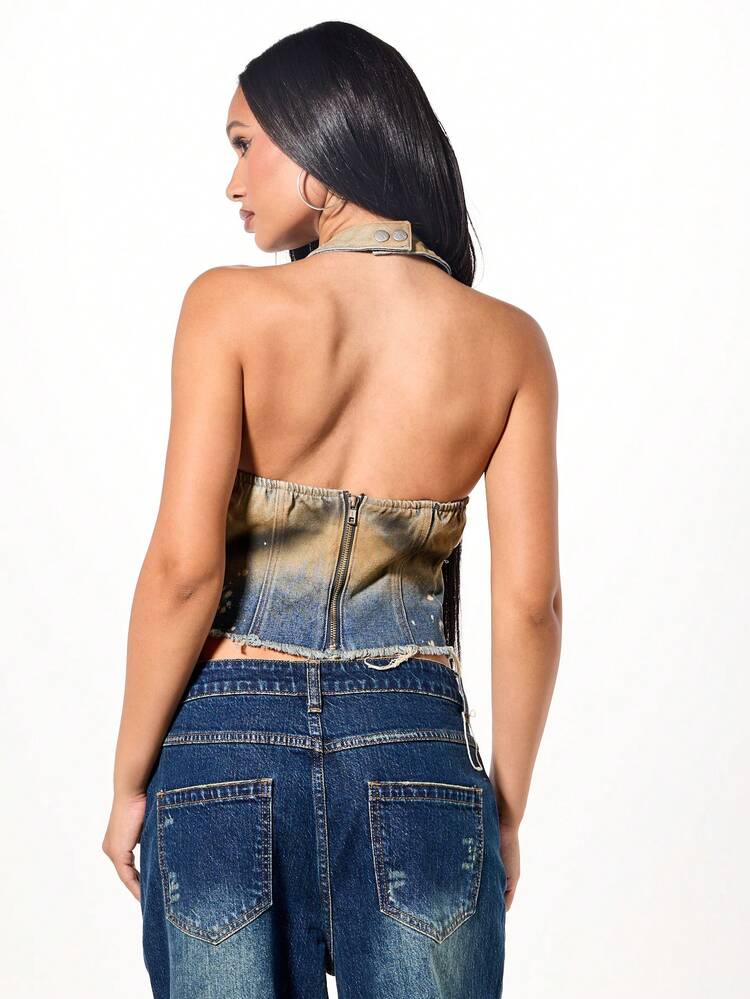 SUMWON WOMEN Acid Wash Halter Neck Lace Up Crop Top