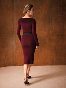 MOTF PREMIUM V-NECK LONG SLEEVE SLIMMING MID-LENGTH KNITTED SWEATER DRESS, AUTUMN/WINTER, CHRISTMAS DRESS, RED DRESS, NEW YEAR DRESS - Red - View 4