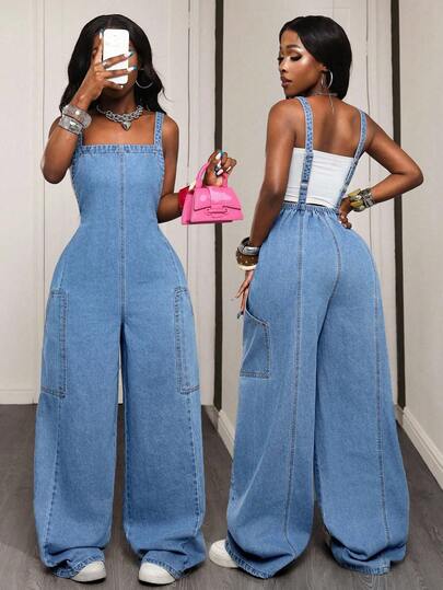 BamGleam 女式口袋设计宽腿宽松休闲背带牛仔连体裤