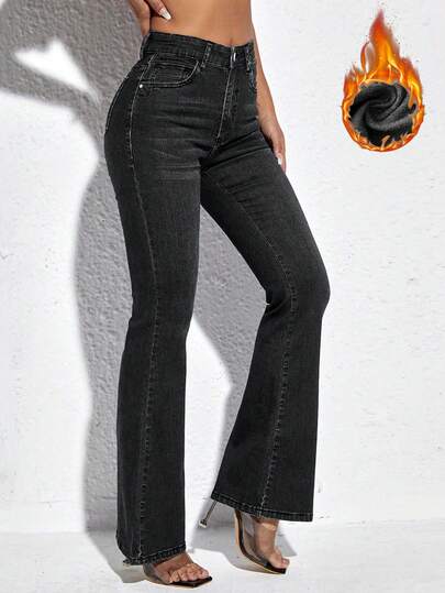 SHEIN PETITE 女式高腰口袋喇叭休闲百搭牛仔裤