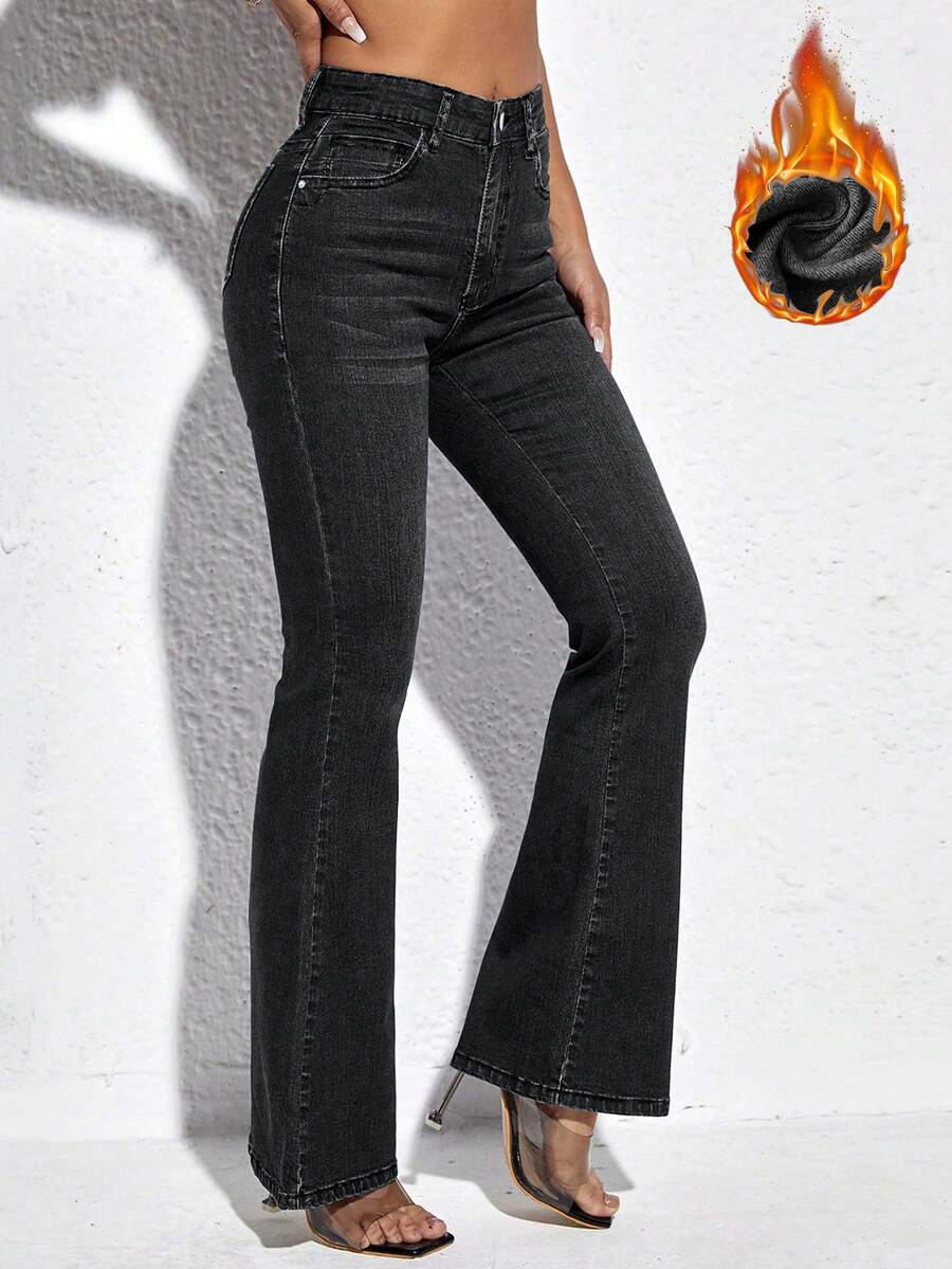 SHEIN PETITE 女式高腰口袋喇叭休闲百搭牛仔裤 - 黑色 - 查看 1