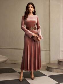ZEYLAH Vestido formal elegante de mujer con volantes, de terciopelo y con strass en la cintura, para otoño/invierno - Rosa - Ver 7