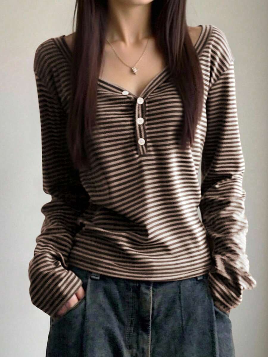 EMERY ROSE 女士休闲条纹长袖T恤，秋季 - 彩色 - 查看 1