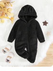SHEIN Baby Boy 3D Ear Design Hooded Zipper Flannel Sleep Jumpsuit - Black - View 2