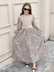 Serisse Kids 青少年女孩休闲优雅针织罗纹花卉拼布灯笼袖连衣裙，适合日常外出、旅行和度假 - 卡其色 - 查看 7