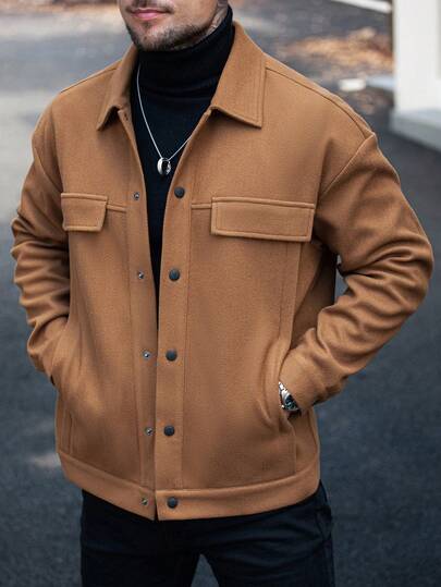 Manfinity Homme 男士休闲纯色纽扣长袖西部夹克，棕色夹克，秋冬